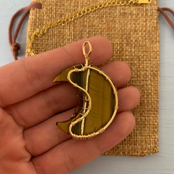 Tigers Eye Necklace Tigers Eye Pendant with Gold Plated Stainless Steel Chain - Picture 5 of 6